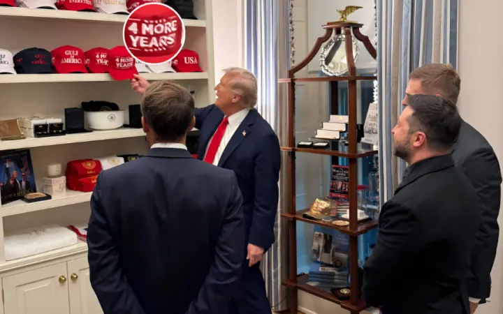 Trump’s ‘4 More Years’ hats showcased during Macron–Zelenskyy visit: message to allies or to U.S. voters?