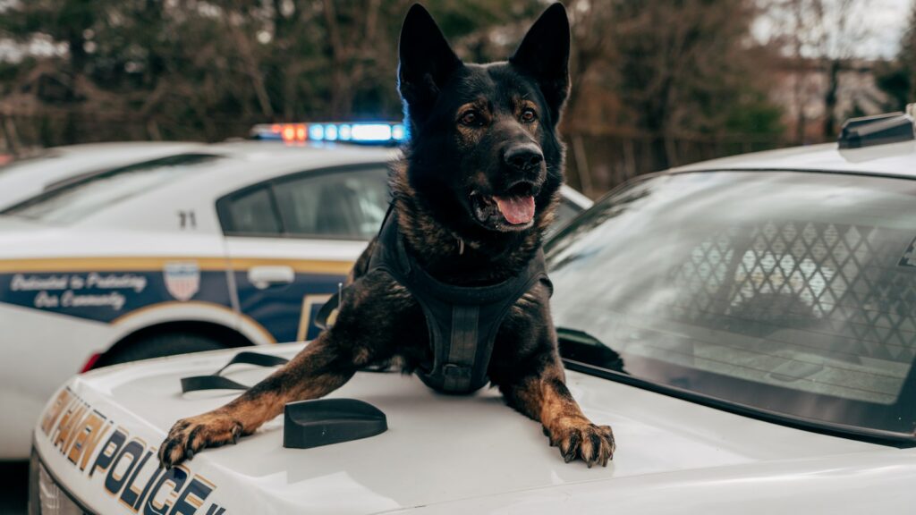 Police dog sitting on top of a police car