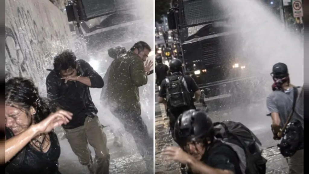 Crowd-control weapons: Protesters shield themselves from a water cannon spray during a street protest