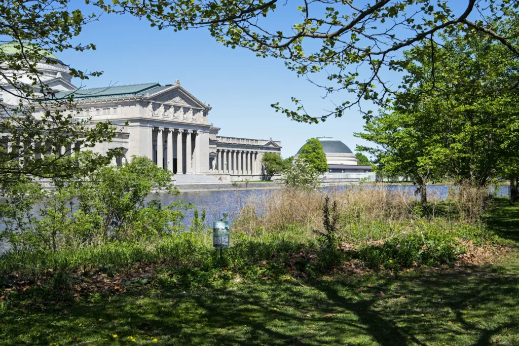 Harrison Ford Trump: Field Museum building in Chicago seen across water with trees