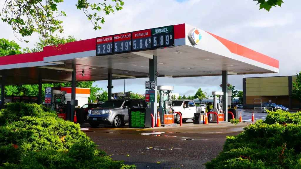Gas station price sign showing fuel prices in Eugene, Oregon