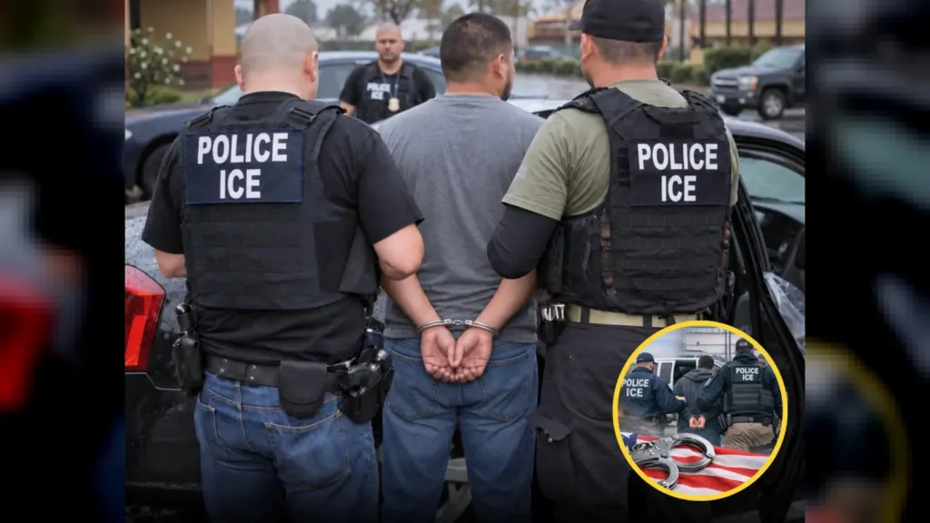ICE wrongful detention bill: ICE officers lead a handcuffed man to a vehicle