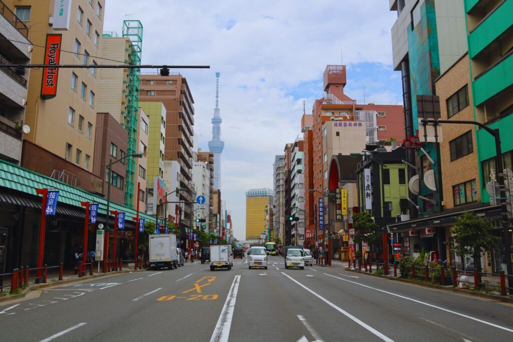 Tokyo street scene with the Skytree tower in the background