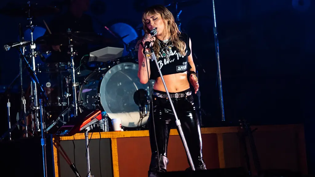 Pop singer performing on a large festival stage at night