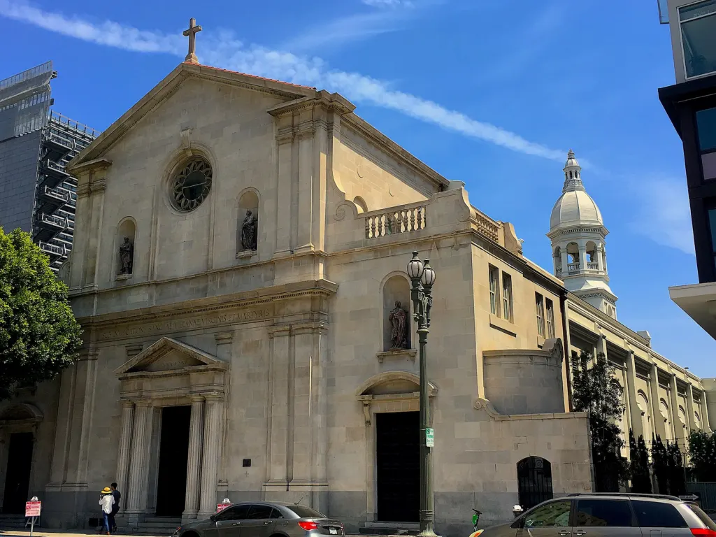 Historic former cathedral building with a bell tower on Main Street in downtown Los Angeles