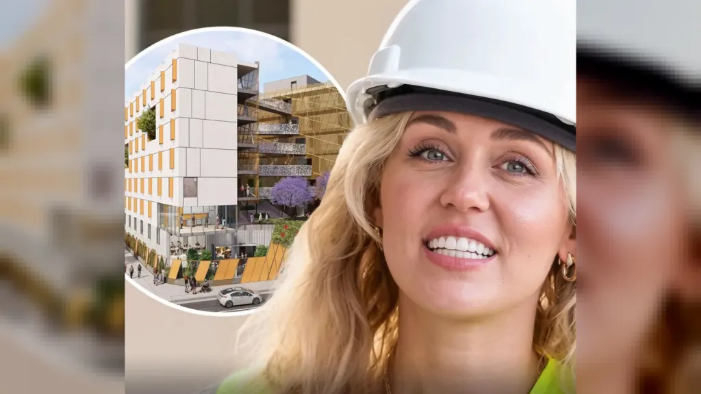 Miley Cyrus donation: Miley Cyrus in a white hard hat at a construction site, with an inset of the Rosa's Place building on Skid Row