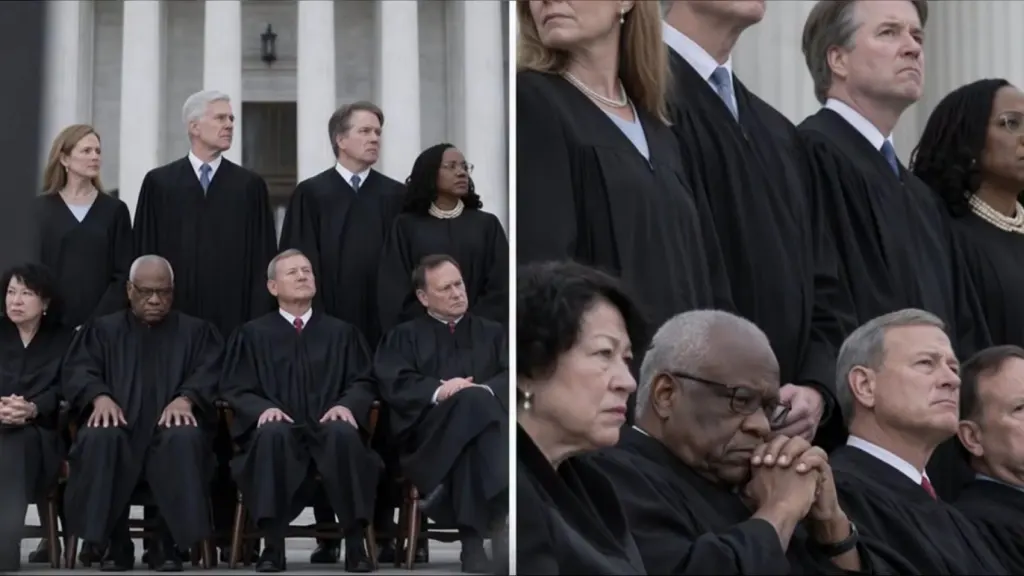 Supreme Court justices in black robes seated on the steps of the Supreme Court building